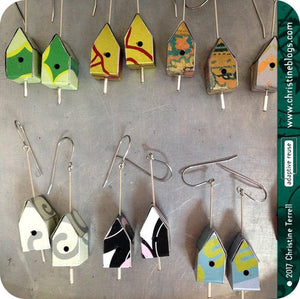 Nutrition Label Tiny Birdhouses Boho Upcycled Tin Earrings