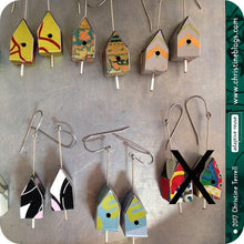 Load image into Gallery viewer, Nutrition Label Tiny Birdhouses Boho Upcycled Tin Earrings