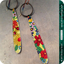 Load image into Gallery viewer, Vintage Recycled Tin Allover Flowers Ethical Long Teardrop Earrings