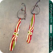 Load image into Gallery viewer, upcycled red and green tin earrings by christine terrell