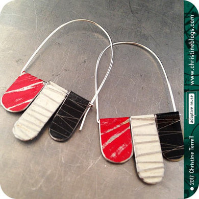 Red, Black & White Arched Upcycled Tin Dangle Earrings