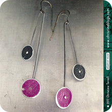 Load image into Gallery viewer, Purple and Black Long Dot Upcycled Tin Earrings 30th Birthday Gift