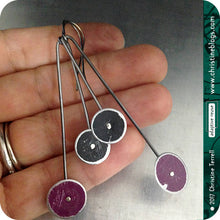 Load image into Gallery viewer, Purple and Black Long Dot Upcycled Tin Earrings 30th Birthday Gift