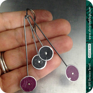 Purple and Black Long Dot Upcycled Tin Earrings 30th Birthday Gift
