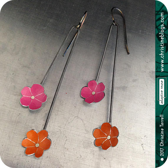 Tiny PInk & Orange Flowers Upcycled Tin Earrings