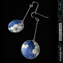 Load image into Gallery viewer, Cherry Blossoms on Blue Recycled Tin Earrings by Christine Terrell for adaptive reuse jewelry