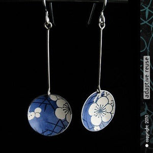 Cherry Blossoms on Blue Recycled Tin Earrings by Christine Terrell for adaptive reuse jewelry