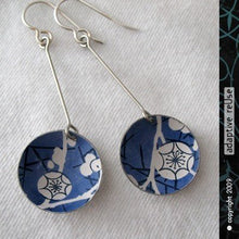 Load image into Gallery viewer, Cherry Blossoms on Blue Recycled Tin Earrings by Christine Terrell for adaptive reuse jewelry