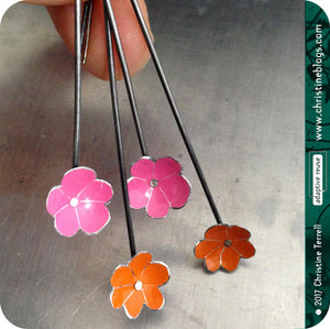 Tiny PInk & Orange Flowers Upcycled Tin Earrings