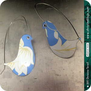Cornflower Blue Birds on a Wire Upcycled Tin Earrings by Christine Terrell for adaptive reuse jewelry
