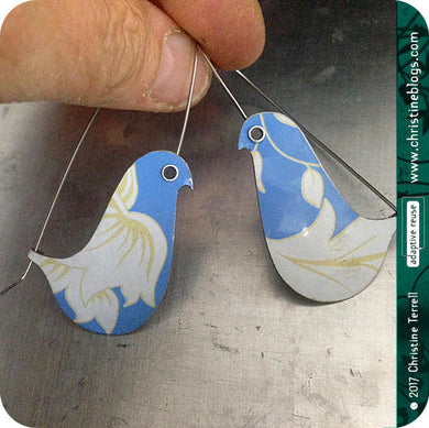 Cornflower Blue Birds on a Wire Upcycled Tin Earrings by Christine Terrell for adaptive reuse jewelry