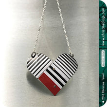 Load image into Gallery viewer, Black &amp; White Striped Upcycled Tin Necklace by Christine Terrell for adaptive reuse jewelry 