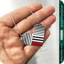 Load image into Gallery viewer, Black &amp; White Striped Upcycled Tin Necklace by Christine Terrell for adaptive reuse jewelry 
