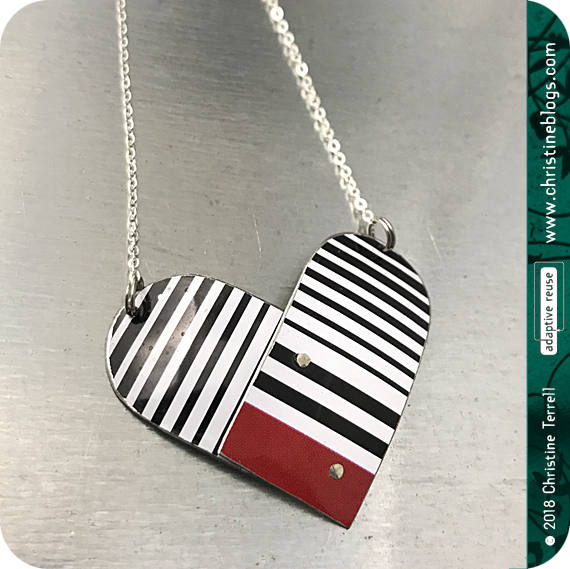 Black & White Striped Upcycled Tin Necklace by Christine Terrell for adaptive reuse jewelry 