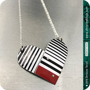 Black & White Striped Upcycled Tin Necklace by Christine Terrell for adaptive reuse jewelry 