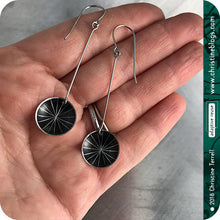 Load image into Gallery viewer, Etched Black Starburst Upcycled Tiny Dot Tin Earrings