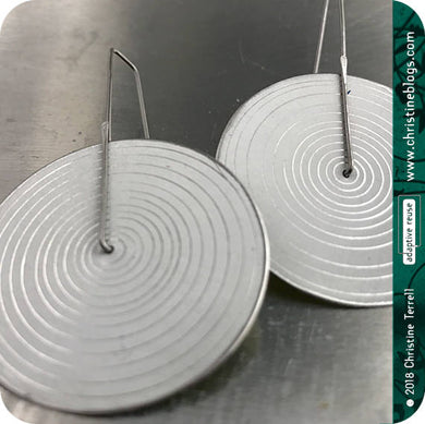 Modern White Etched Concentric Circle Big Upcycled Tin Earrings