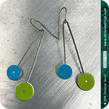 Load image into Gallery viewer, Mod Blue &amp; Green Long Dots Upcycled Tin Earrings by Christine Terrell for adaptive reuse jewelry