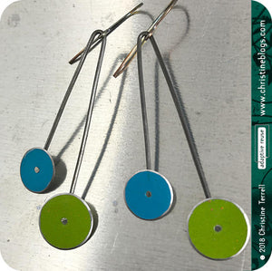 Mod Blue & Green Long Dots Upcycled Tin Earrings by Christine Terrell for adaptive reuse jewelry