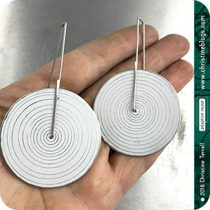 Modern White Etched Concentric Circle Big Upcycled Tin Earrings