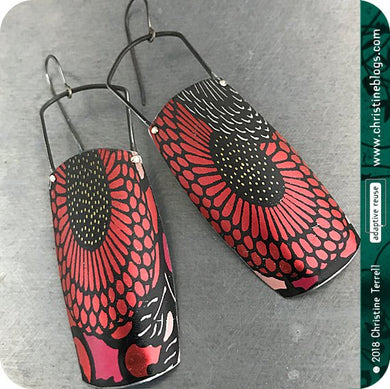 Sunflower Pattern on Red Recycled Tin Earrings Tin Anniversary Gift