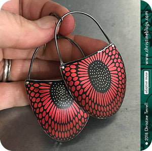 Sunflower Pattern Red & Black Large Upcycled Tin Earrings
