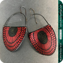 Load image into Gallery viewer, Sunflower Pattern Red &amp; Black Large Upcycled Tin Earrings