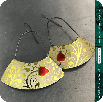 Golden Filigree Red Heart Large Fan Recycled Tin Earrings