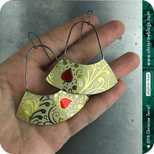 Load image into Gallery viewer, Golden Filigree Red Heart Large Fan Recycled Tin Earrings