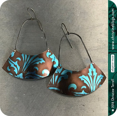 Chocolate & Sapphire Large Fan Recycled Tin Earrings Tin Anniversary Gift by Christine Terrell for adaptive reuse jewelry