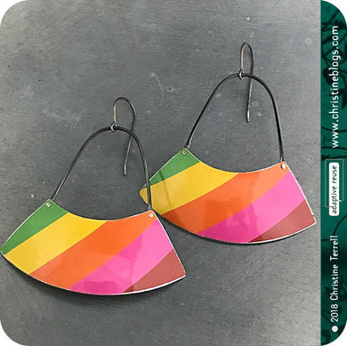 Bright Stripes Large Fan Recycled Tin Earrings 21st Birthday Gift