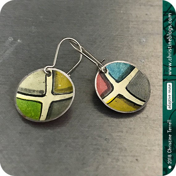 Colorful Ceramic Tile Tiny Dot Slow Fashion Tin Earrings by Christine Terrell for adaptive reuse jewelry