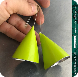 Chartreuse Green Large Cone Zero Waste Tin Earrings by Christine Terrell for adaptive reuse jewelry 
