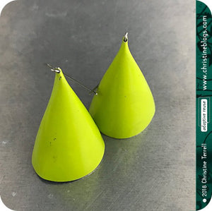 Chartreuse Green Large Cone Zero Waste Tin Earrings by Christine Terrell for adaptive reuse jewelry 