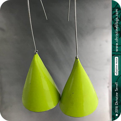 Chartreuse Green Large Cone Zero Waste Tin Earrings by Christine Terrell for adaptive reuse jewelry 