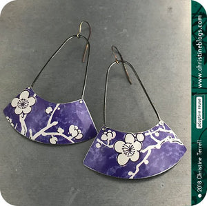 Purple with White Cherry Blossom Big Fan Recycled Tin Earrings 30th Birthday Gift
