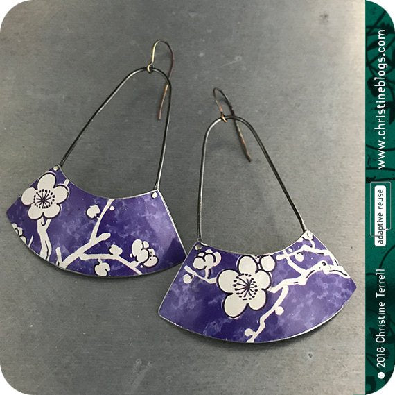 Purple with White Cherry Blossom Big Fan Recycled Tin Earrings 30th Birthday Gift