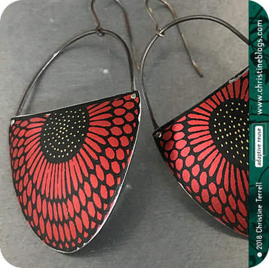 Sunflower Pattern Red & Black Large Upcycled Tin Earrings