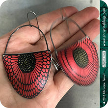 Load image into Gallery viewer, Sunflower Pattern Red &amp; Black Large Upcycled Tin Earrings