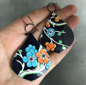 Midnight Blue Cherry Blossoms Teardrop Recycled Tin Earrings