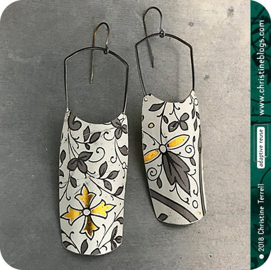 Golden & Gray Botanicals on White Tin Earrings