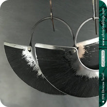 Load image into Gallery viewer, Black &amp; Silver Half Moon Recycled Big Tin Earrings by Christine Terrell for adaptive reuse jewelry