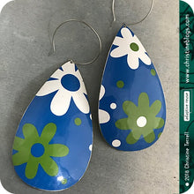 Load image into Gallery viewer, Mid Century Modern Green &amp; White Flowers Tin Teardrop Earrings