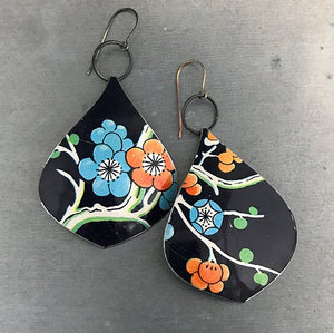 Midnight Blue Cherry Blossoms Teardrop Recycled Tin Earrings