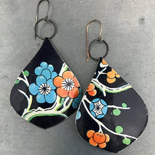 Load image into Gallery viewer, Midnight Blue Cherry Blossoms Teardrop Recycled Tin Earrings
