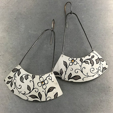 Gray Flowers on White Large Fan Upcycled Tin Earrings by Christine Terrell for adaptive reuse