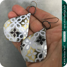 Load image into Gallery viewer, usilver gold and white recycled tin earrings by christine terrell for adaptive reuse jewelry
