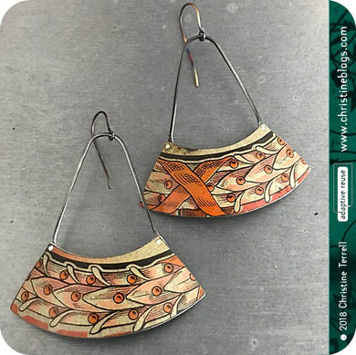 Pink Leaves Laurel Wreath Recycled Tin Fan Earrings