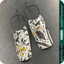 Load image into Gallery viewer, Golden &amp; Gray Botanicals on White Tin Earrings