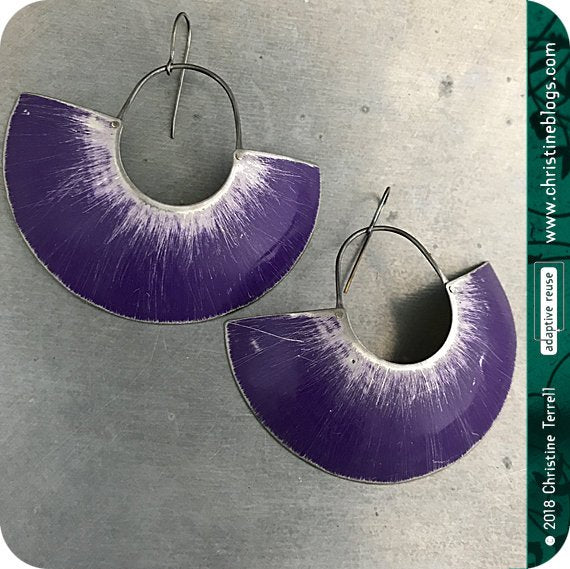 Purple & Silver Big Half Moon Recycled Tin Earrings 30th Birthday Gift